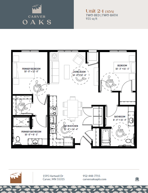 A floor plan for a two-bedroom, two-bathroom apartment with a living room and a kitchen.